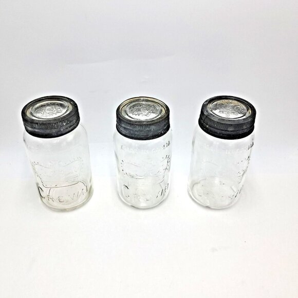 Crown Mason Jars-Glass Lids-Zinc Rings-Dominion Glass of Montreal-Set of 3-VTG - Picture 2 of 13
